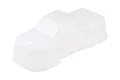 Clear unpainted RC monster truck body shell shown from a high-angle studio shot against a white background.