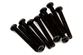 A set of ten black button head hex socket screws arranged neatly against a plain white background.