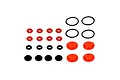 RGT shock rebuild set containing various red and black rubber o-rings and seals arranged on a white background.