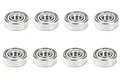 Eight metal shielded ball bearings arranged in two rows of four against a clean white background.
