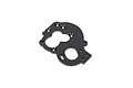 A black anodized aluminium motor mount plate for RC cars, featuring multiple mounting holes and cutouts on a clean white background.