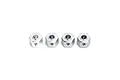Four shiny silver metal wheel hex adapters lined up in a row against a plain white background.