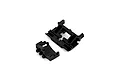 Black molded plastic servo and rear upper link mount parts set for an RGT RC car against a plain white background.