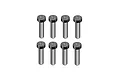 Studio product image showing eight identical cap head screws with threaded shanks arranged in two rows of four against a clean white background.