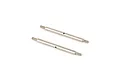 Two shiny silver metal linkages with threaded ends and a central hole against a plain white background.