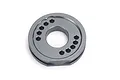 Grey anodized aluminium motor mount plate for RC cars, featuring a circular design with multiple mounting holes.
