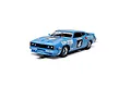 Scalextric 1/32 blue Ford XC Falcon slot car featuring 1977 Bathurst livery with race number 4, positioned on a track section against a white background.