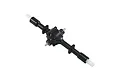 Studio product photo of a black WPL centre RC axle featuring dual input/output shafts and white axle ends.