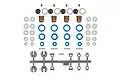 Top-down studio shot of the Team Associated 1/10 shock absorber rebuild kit components laid out on a white background.