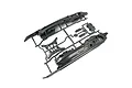 Tamiya DT-03 plastic parts tree showing chassis components in dark grey against a plain white background.