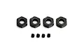Four black metal wheel hexes and four matching grub screws arranged on a clean white background.