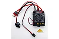 Top-down view of an MJX RC 60A brushless electronic speed controller with wires, power connector, power switch, and a small marker piece.