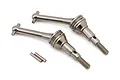 Two shiny metal rear CVD driveshafts with two small pins displayed on a clean white background.
