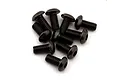A close-up studio shot of a pile of dark metal button head screws with hex sockets against a clean white background.