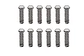 Twelve metal button head screws with coarse threads arranged in two rows of six on a plain white background.