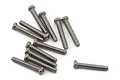 A cluster of twelve silver metal button head screws with coarse threading, laid out on a plain white background.