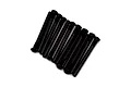 Studio product shot of 12 black metal coarse partial thread button head screws arranged neatly on a pure white background.