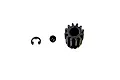 MJX RC 12T pinion gear set including a small metal gear, set screw, and e-clip on white background.