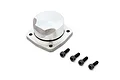 Kyosho engine back plate with rubber o-ring seal and four matching black socket head cap screws on a white background.
