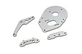 Kyosho aluminium plate set in silver featuring four metal chassis plates and brackets on a white background.