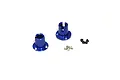 Kyosho aluminium ball differential housing in blue with associated small screws against a white background.