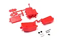 Kyosho red battery and receiver box set parts on a sprue, with mounting hardware, pins, and clips.