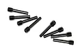Eight black partial fine thread grub pin screws shown on a white background.