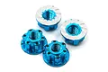 Four blue aluminium flanged serrated wheel lock nuts arranged on a white background, showing threads and serrated faces.
