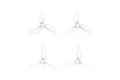 Four white 3-blade drone propellers displayed flat against a plain white studio background.