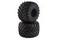 Two black rubber monster truck tyres with V-shaped tread stacked on a white background.