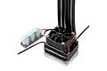Studio product view of the ZTW Beast Pro G2 160A Brushless Sensored ESC with attached cooling fan, heavy black wires, and external capacitor module.
