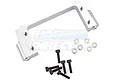 A silver aluminium steering servo mount for an RC car, accompanied by several small black screws and metal washers on a white background.