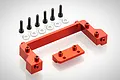 Rovan red aluminium steering servo mount set including two metal brackets, six black screws, and six silver washers on a white background.