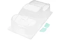 A clear, unpainted polycarbonate body shell for an ARRMA 1/10 scale FURY short course RC truck, shown from a high-angle perspective.
