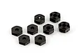 Eight black plastic 12mm wheel hex adapters for ARRMA RC vehicles arranged on a white background.