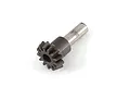 A close-up studio shot of a 13-tooth metal bevel gear with an integrated shaft, set against a plain white background.