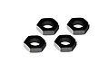 Four black 17mm serrated wheel nuts for RC vehicles arranged on a white background.