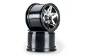 Two ARRMA RC buggy rear rims, one stacked on top of the other, featuring a black barrel and a chrome-finished star-spoke face.