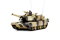 Studio shot of the Heng Long M1A2 Abrams RC tank in desert camouflage with commander figure against a clean white background.