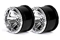 Two ARRMA 2.8-inch chrome and black RC monster truck rims shown from a front-quarter angle against a white background.