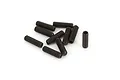 A pile of ten black metal grub screws with a hex socket head on a plain white background.
