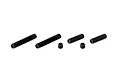 A set of six black metal grub screws of varying lengths arranged on a white background.