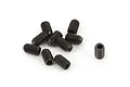 A collection of ten small black metal grub screws with hexagonal sockets, arranged on a plain white background.