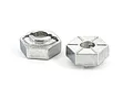 Two silver-coloured metal 12mm wheel hex adapters for RC cars on a white background.