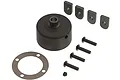 ARRMA differential case set including a main housing, four mounting tabs, four screws, one gasket, and a small spacer.