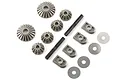 ARRMA differential gear set including bevel gears, cross shafts, shims, and gear inserts laid out on a white background.