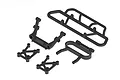 A set of black plastic RC car parts including a rear bumper, mounting brackets, and support braces on a white background.
