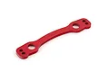 A red anodized aluminium Ackerman steering plate for an ARRMA RC vehicle, featuring a curved design with multiple mounting holes.