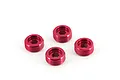 Four red anodized aluminium front hub nuts for ARRMA RC vehicles arranged on a white background.