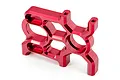 A red anodized aluminium motor mount for an ARRMA RC vehicle, featuring a lightweight, CNC-machined skeletonized design.